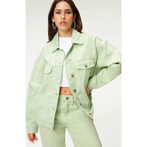Good American Good '90s Denim Jacket Oversized Trucker Lime Light Green NWT XS - Picture 1 of 9